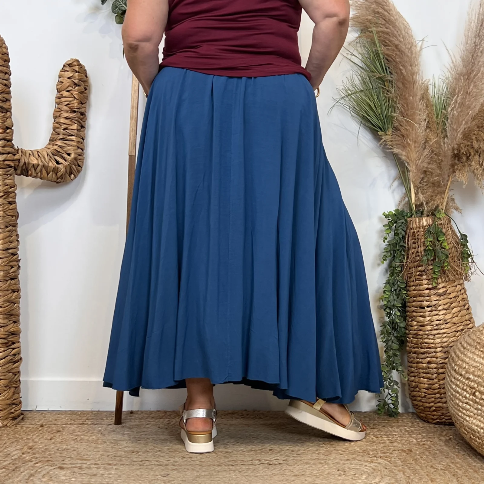 Z978- Jupe Fluide élastiquée 🇮🇹 - bleu-canard - taille-unique-grande-taille