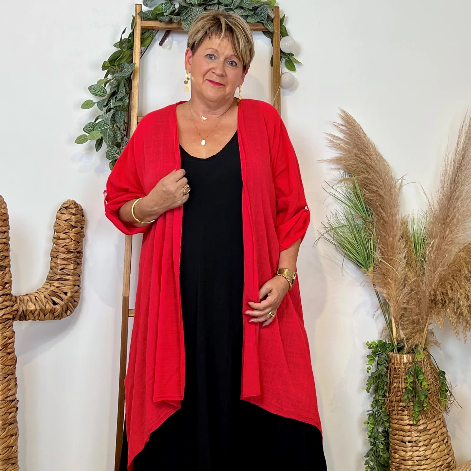 Z145- Veste Coton Lin (Gt) 🇮🇹 - rouge - taille-unique-grande-taille