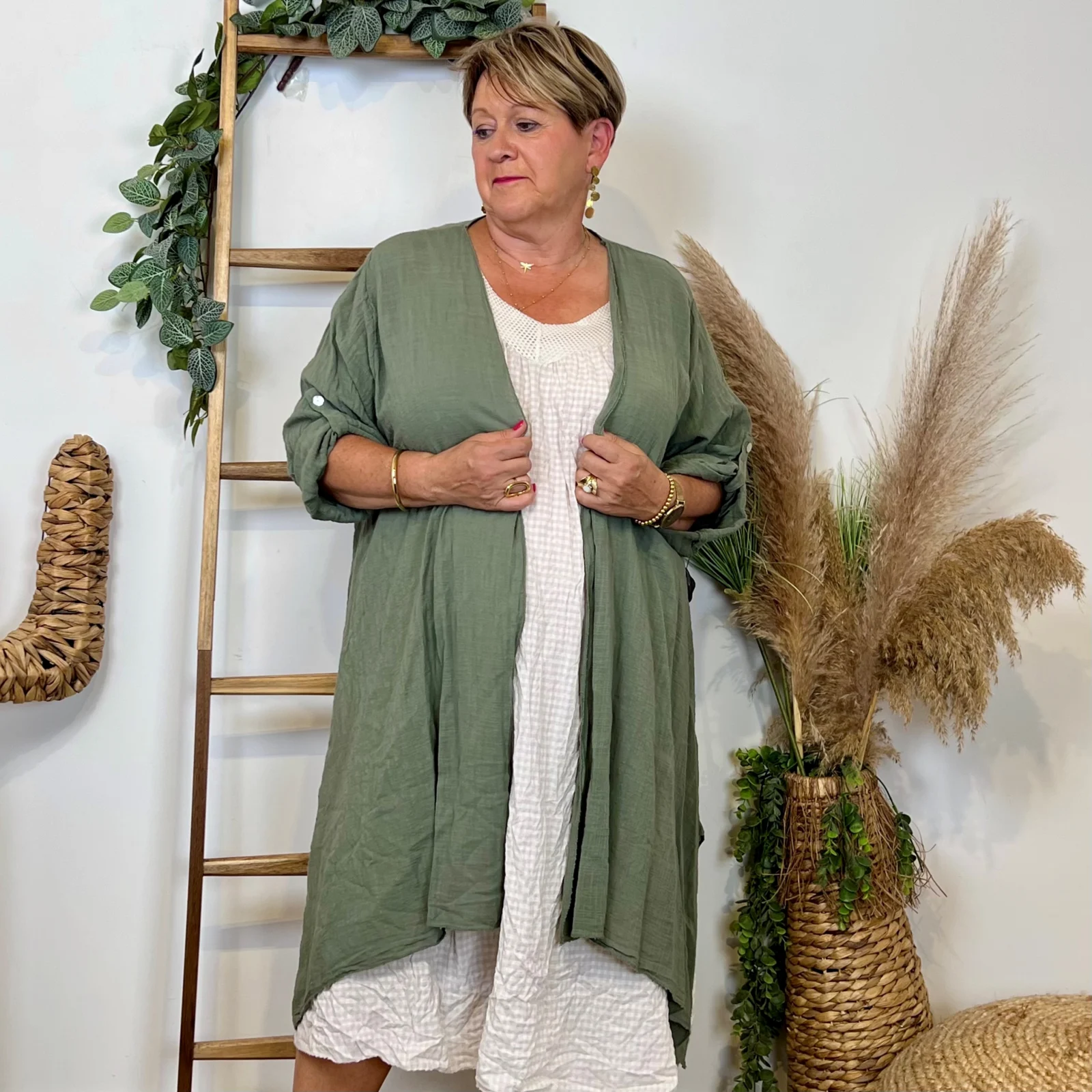 Z145- Veste Coton Lin (Gt) 🇮🇹 - kaki - taille-unique-grande-taille