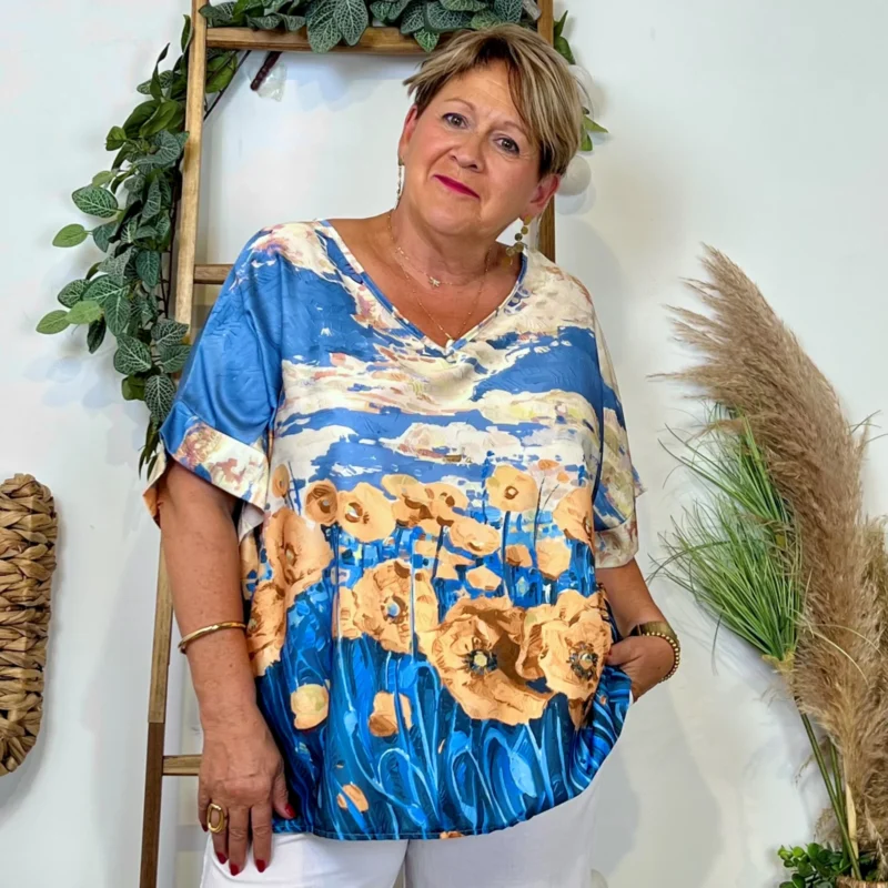 Z146- Tunique Paysage C'Mélodie 🇮🇹 - bleu-indigo-orange - taille-unique-grande-taille