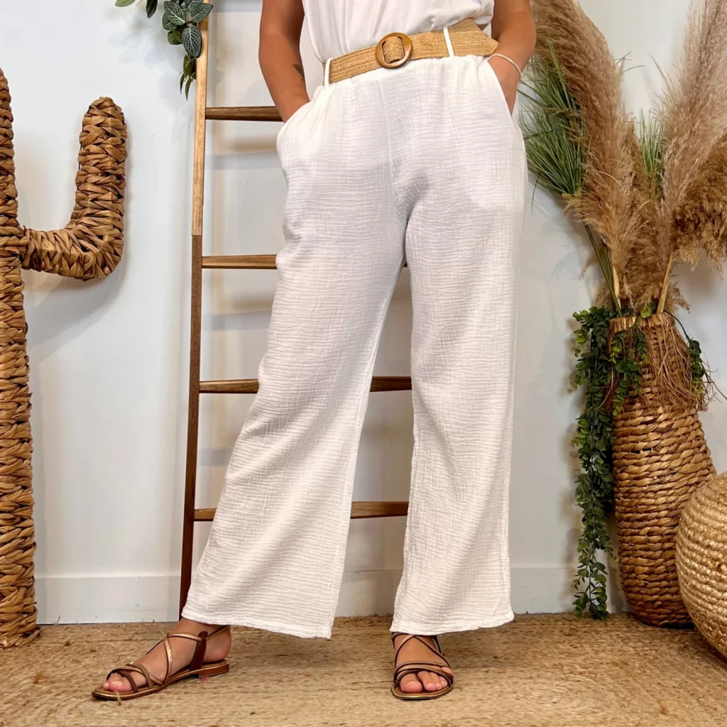 L784- Pantalon flare en gaze de coton - blanc - taille-unique