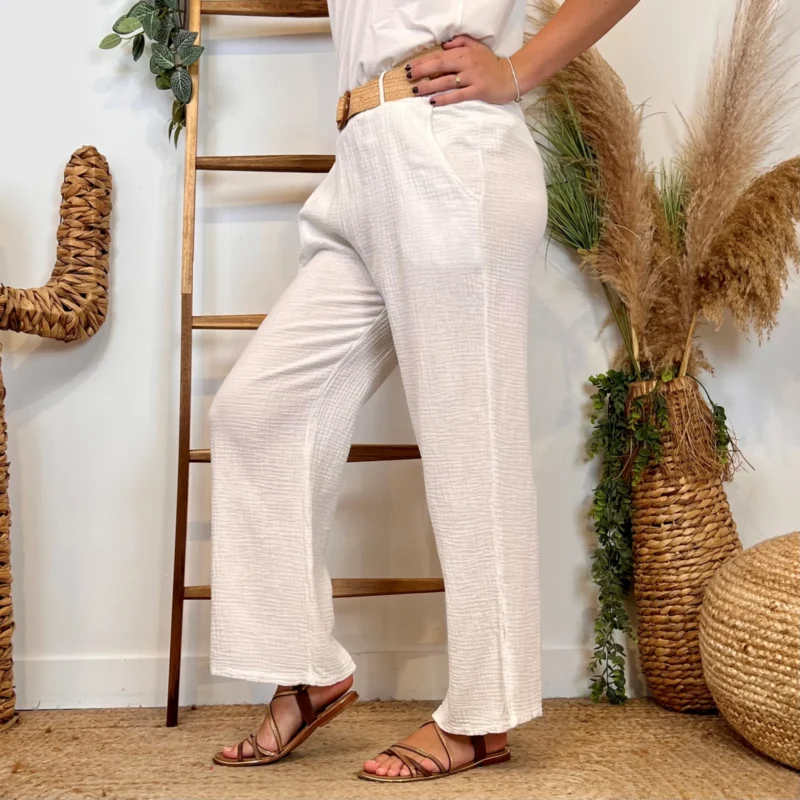 L784- Pantalon flare en gaze de coton - blanc - taille-unique