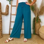 Pantalon large fluide femme crêpé « Tendance » - bleu-canard - taille-unique