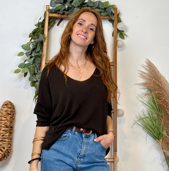 Pull femme maille fine col V « Tendance » - marron - taille-unique