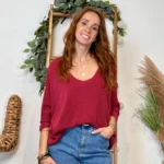 Pull femme maille fine col V « Tendance » - bordeaux - taille-unique
