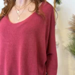 Pull femme maille fine col V « Tendance » - bordeaux - taille-unique