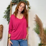 Pull femme maille fine col V « Tendance » - fuchsia - taille-unique