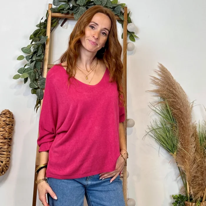 Pull femme maille fine col V « Tendance » - fuchsia - taille-unique