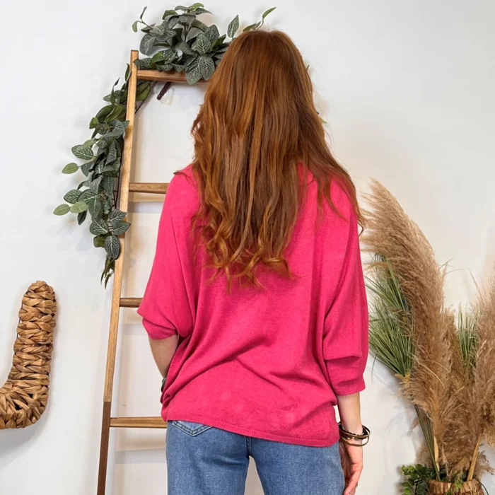 Pull femme maille fine col V « Tendance » - fuchsia - taille-unique