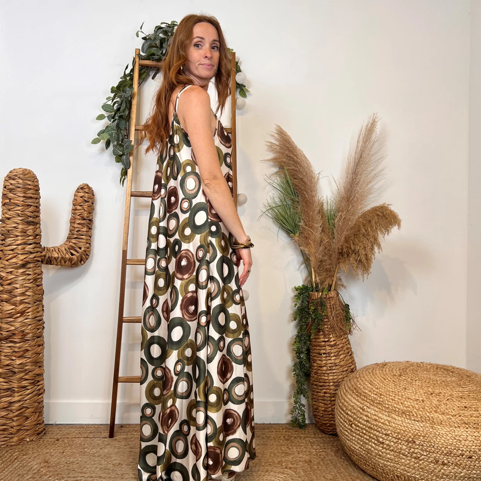 Robe satinée imprimée (Tu) - kaki-ronds - taille-unique