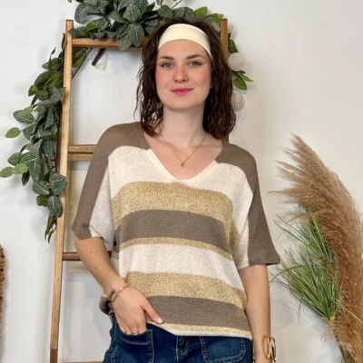 I880- Pull rayé Lurex (Tu) 🇮🇹 - taupe - taille-unique