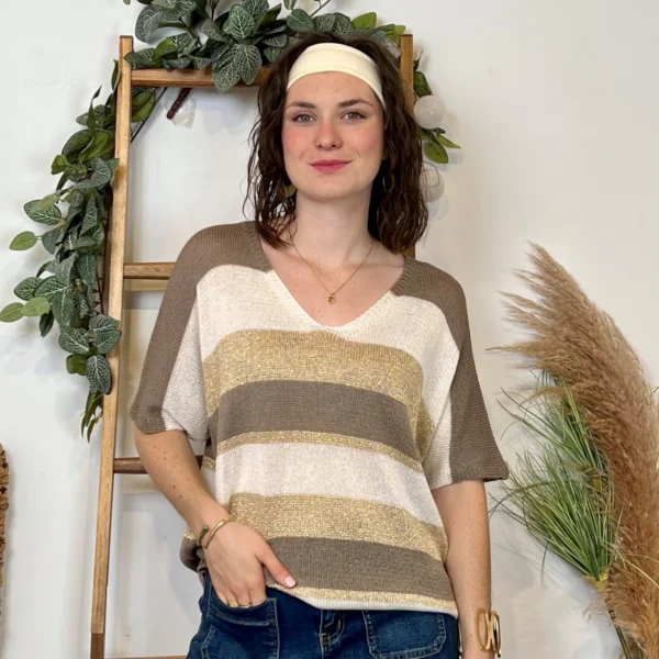 I880- Pull rayé Lurex (Tu) 🇮🇹 - taupe - taille-unique