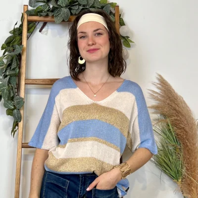 I880- Pull rayé Lurex (Tu) 🇮🇹 - bleu-ciel - taille-unique