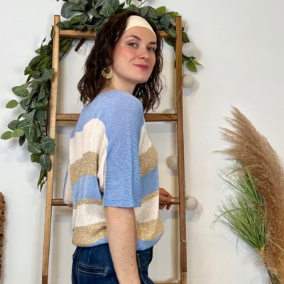 I880- Pull rayé Lurex (Tu) 🇮🇹 - bleu-ciel - taille-unique