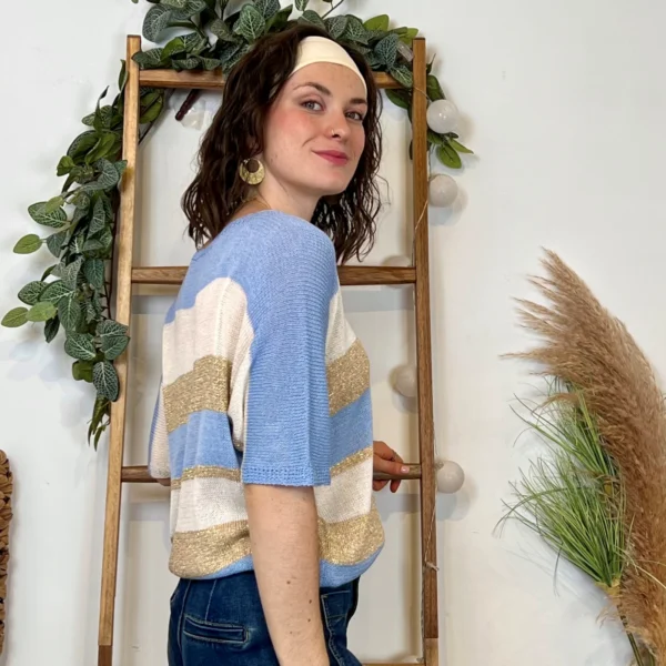 I880- Pull rayé Lurex (Tu) 🇮🇹 - bleu-ciel - taille-unique