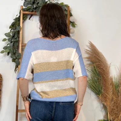 I880- Pull rayé Lurex (Tu) 🇮🇹 - bleu-ciel - taille-unique
