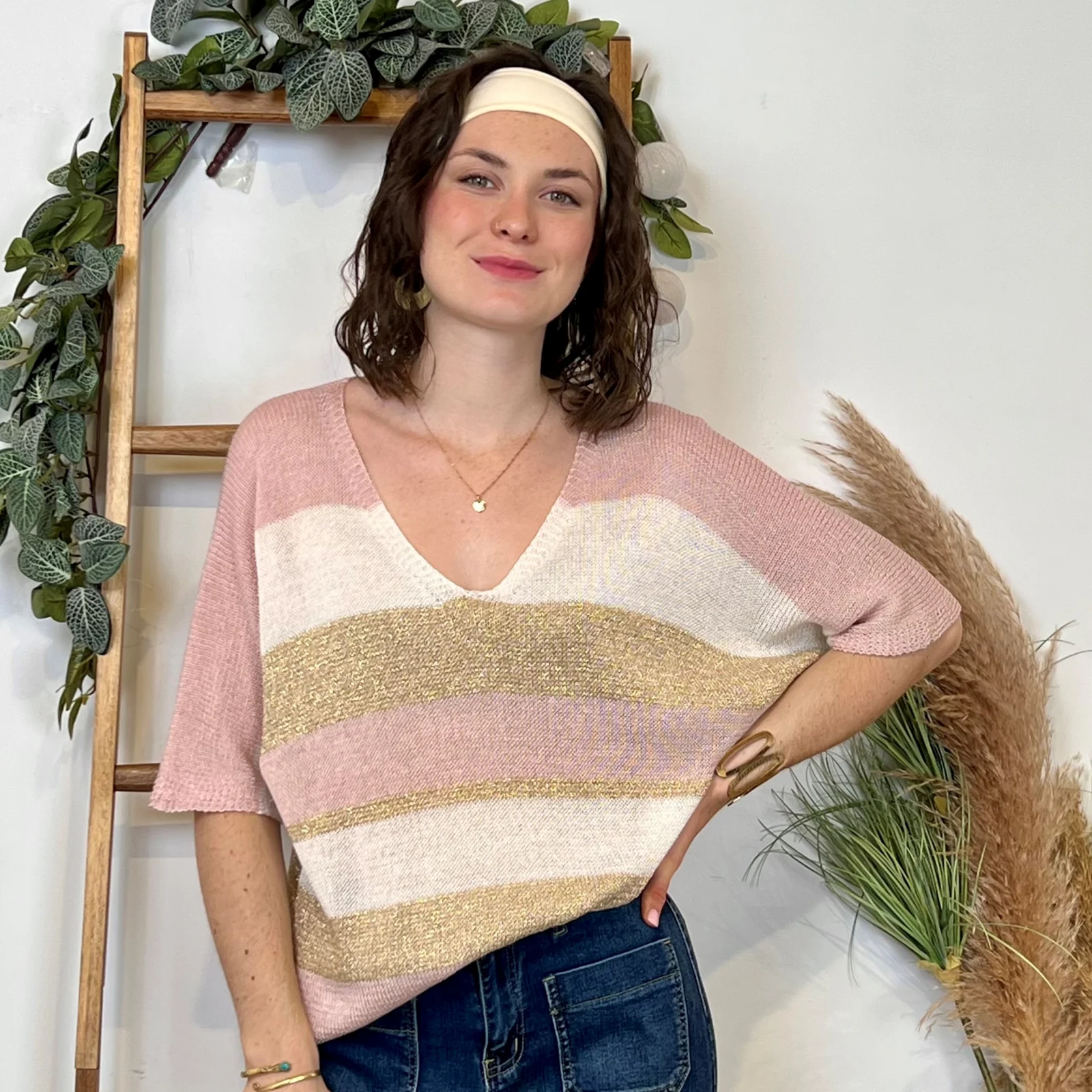 Pull rayé Lurex (Tu) - rose-poudre - taille-unique