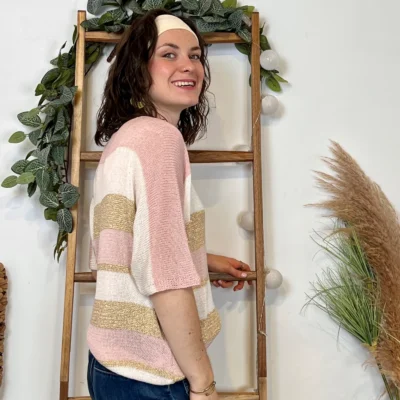 I880- Pull rayé Lurex (Tu) 🇮🇹 - rose-poudre - taille-unique