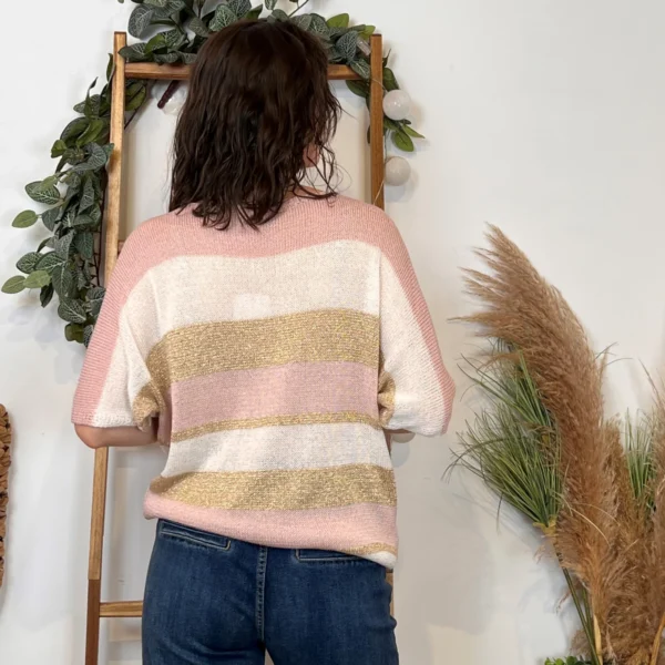 I880- Pull rayé Lurex (Tu) 🇮🇹 - rose-poudre - taille-unique