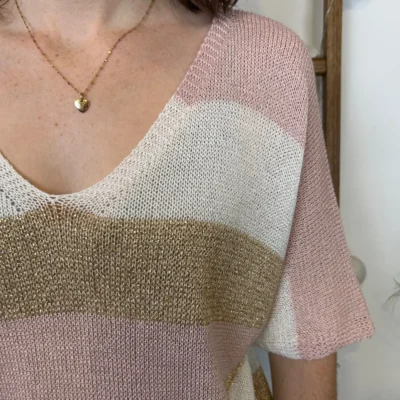I880- Pull rayé Lurex (Tu) 🇮🇹 - rose-poudre - taille-unique
