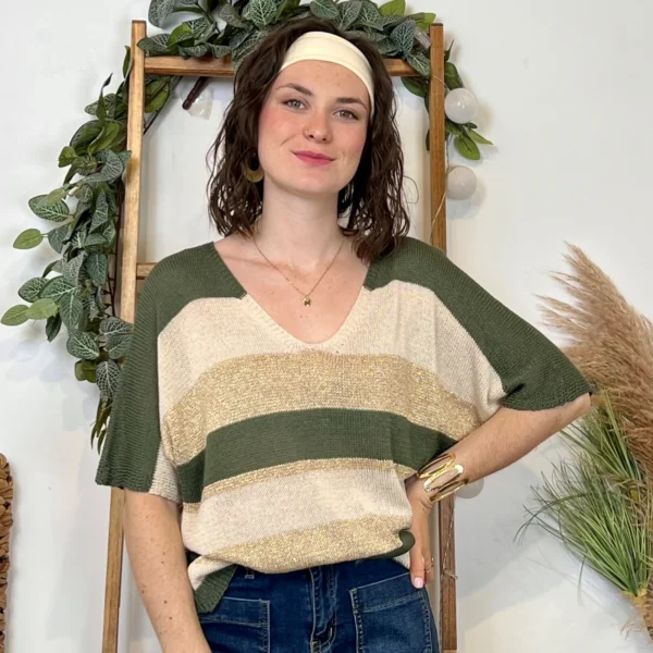 I880- Pull rayé Lurex (Tu) 🇮🇹 - kaki - taille-unique