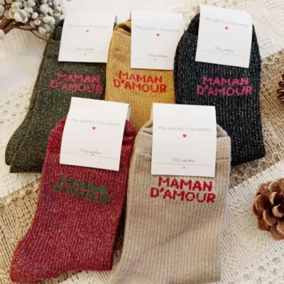 V315- Chaussettes paillettes "Maman d'Amour" - moutarde - sans-taille