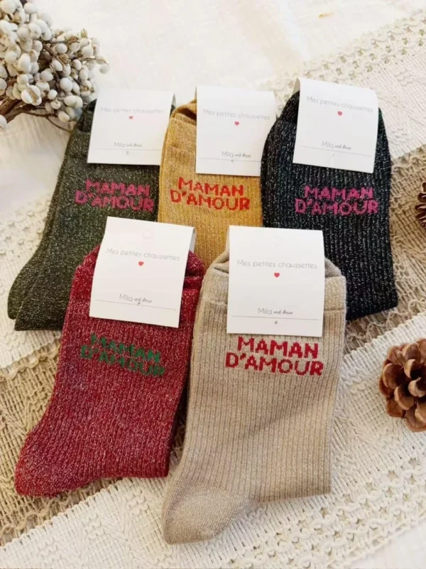 V315- Chaussettes paillettes "Maman d'Amour" - moutarde - sans-taille