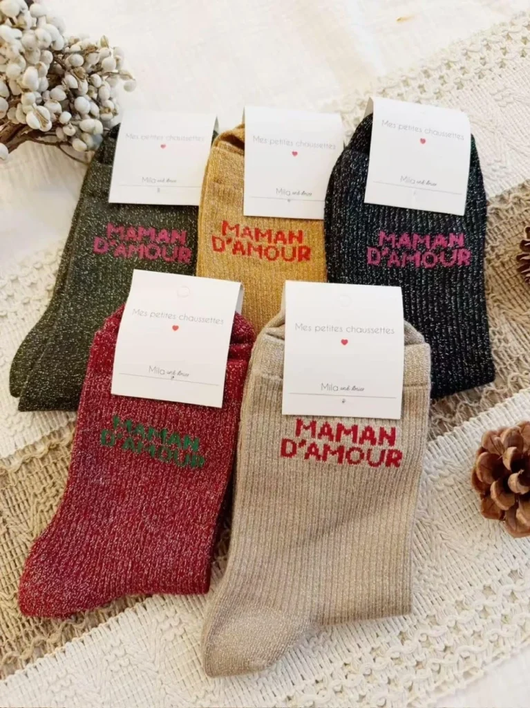 V315- Chaussettes paillettes "Maman d'Amour" - moutarde - sans-taille
