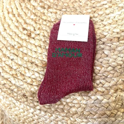 V315- Chaussettes paillettes "Maman d'Amour" - bordeaux - sans-taille