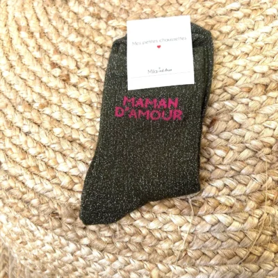 V315- Chaussettes paillettes "Maman d'Amour" - kaki - sans-taille