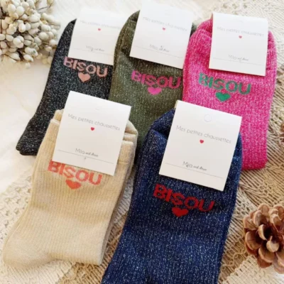 V317- Chaussettes paillettes "Bisou" - fuchsia - sans-taille