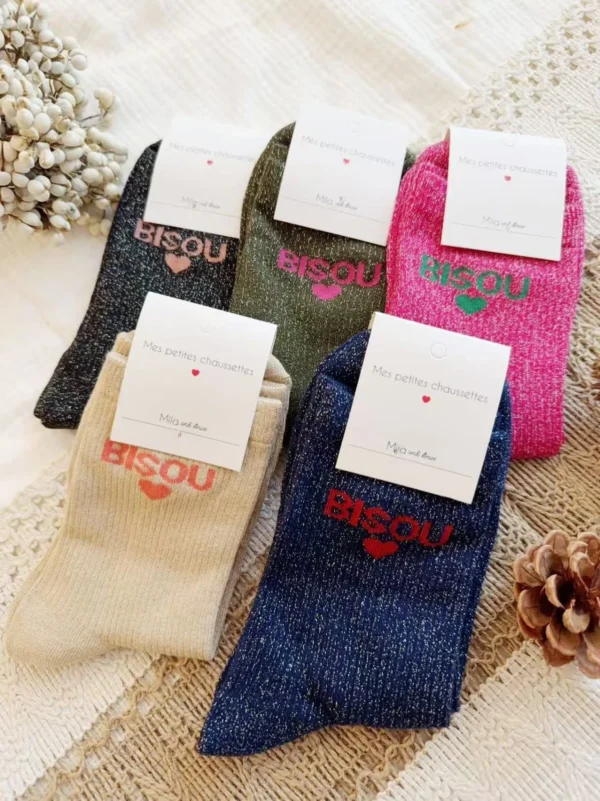 V317- Chaussettes paillettes "Bisou" - fuchsia - sans-taille