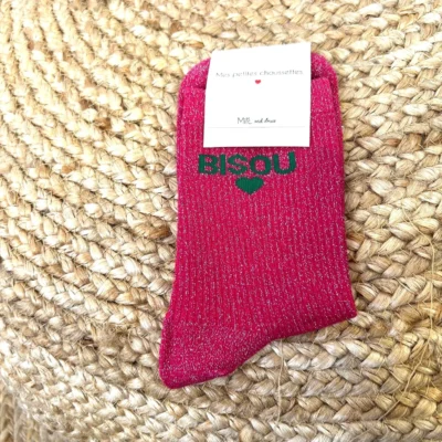 V317- Chaussettes paillettes "Bisou" - fuchsia - sans-taille