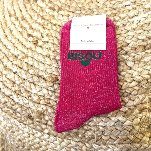 V317- Chaussettes paillettes "Bisou" - fuchsia - sans-taille