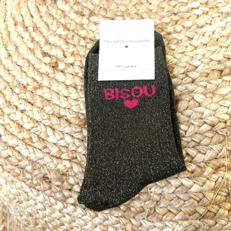 V317- Chaussettes paillettes "Bisou" - kaki - sans-taille