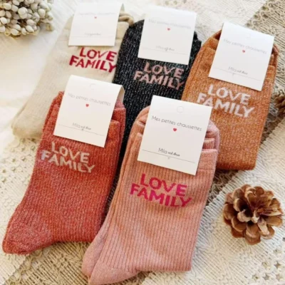 V327-Chaussettes paillettes "Love Family" - beige - sans-taille