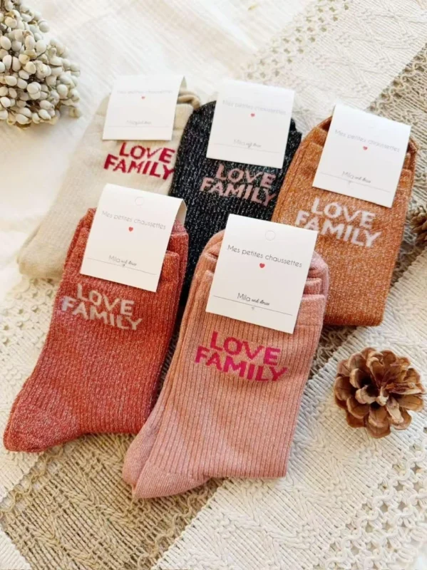 Chaussettes paillettes "Love Family" - beige - sans-taille