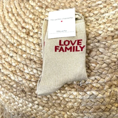 V327-Chaussettes paillettes "Love Family" - beige - sans-taille