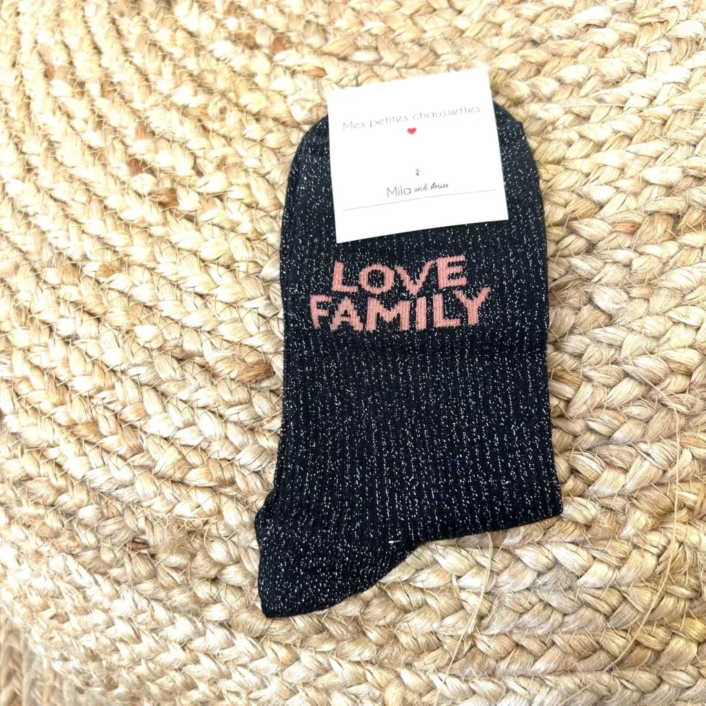 V327-Chaussettes paillettes "Love Family" - noir - sans-taille