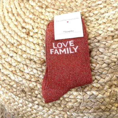 V327-Chaussettes paillettes "Love Family" - rouge - sans-taille
