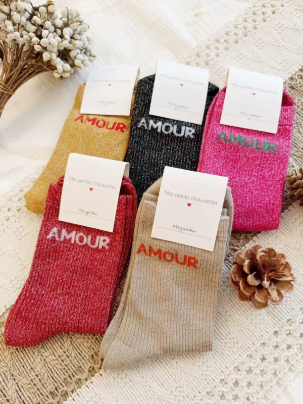 Chaussettes paillettes "Amour" - moutarde - sans-taille
