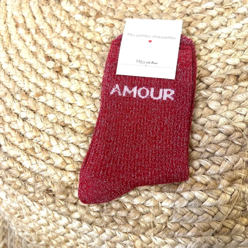 Chaussettes paillettes "Amour" - bordeaux - sans-taille