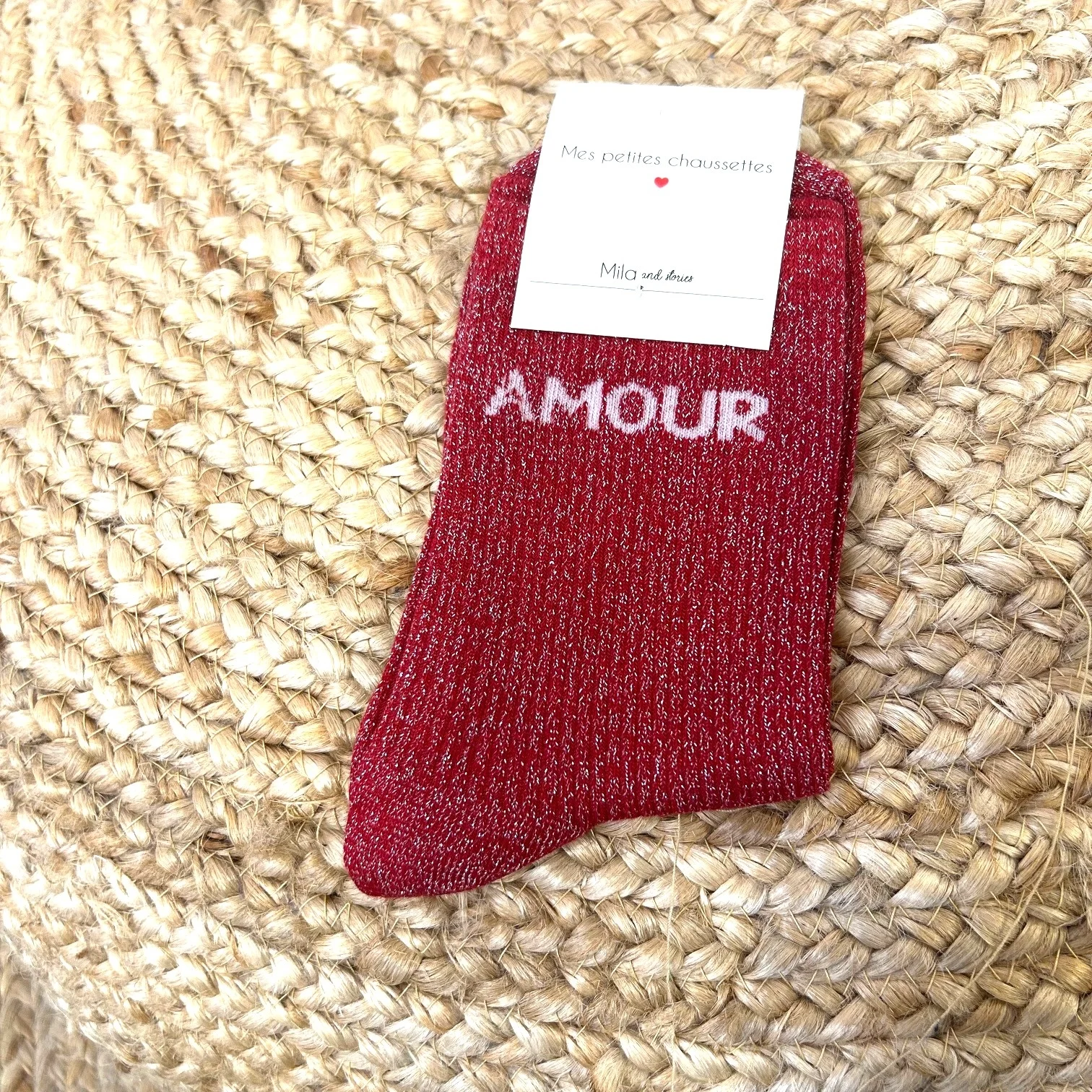 Chaussettes paillettes "Amour" - bordeaux - sans-taille