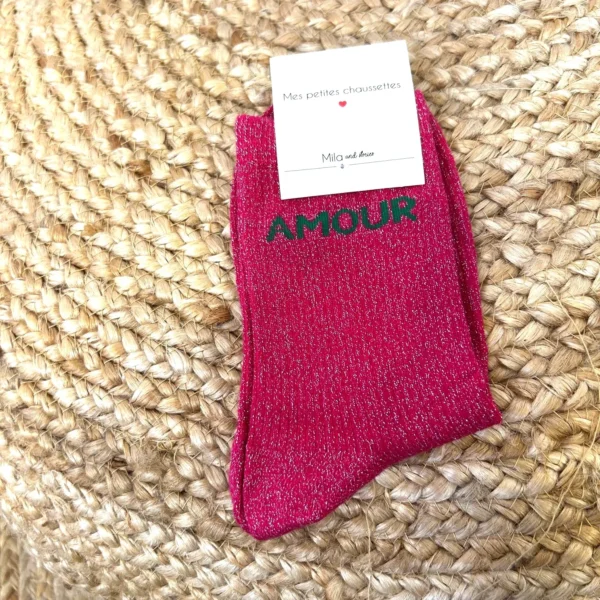 V329- Chaussettes paillettes "Amour" - fuchsia - sans-taille