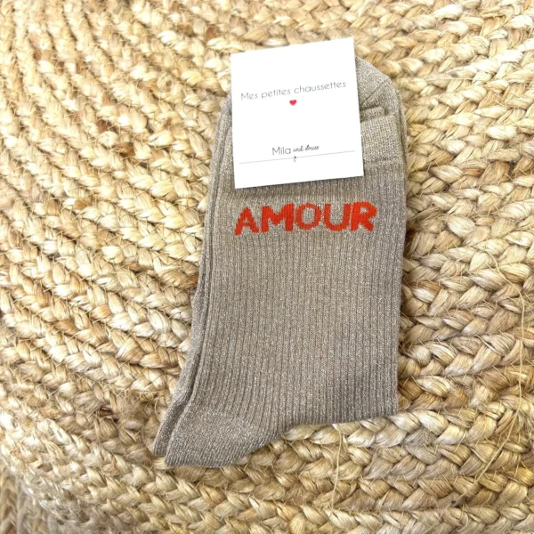 V329- Chaussettes paillettes "Amour" - taupe - sans-taille