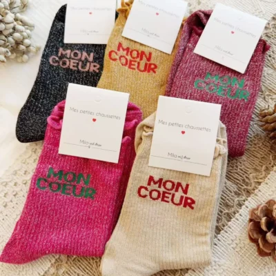 V325- Chaussettes paillettes "Mon Coeur" - bordeaux - sans-taille