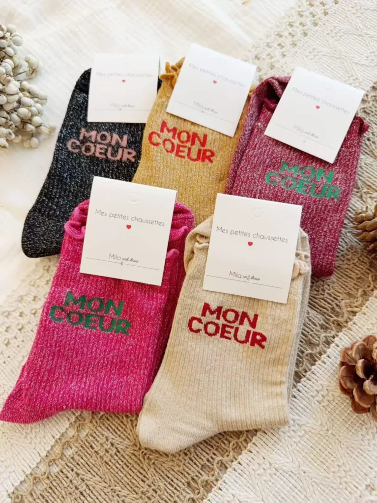 V325- Chaussettes paillettes "Mon Coeur" - noir - sans-taille