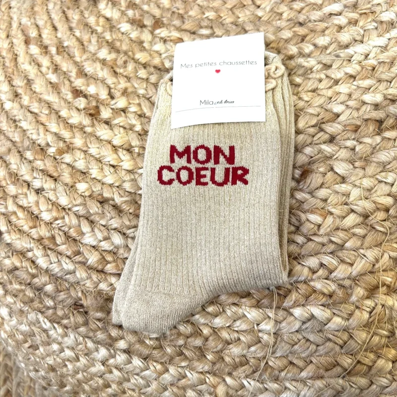 Chaussettes paillettes "Mon Coeur" - beige - sans-taille