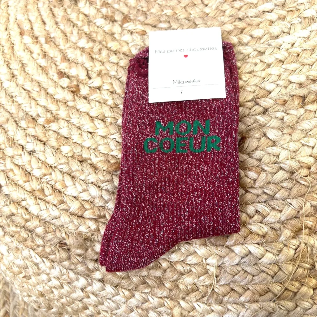 V325- Chaussettes paillettes "Mon Coeur" - bordeaux - sans-taille