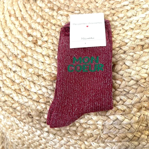 V325- Chaussettes paillettes "Mon Coeur" - bordeaux - sans-taille